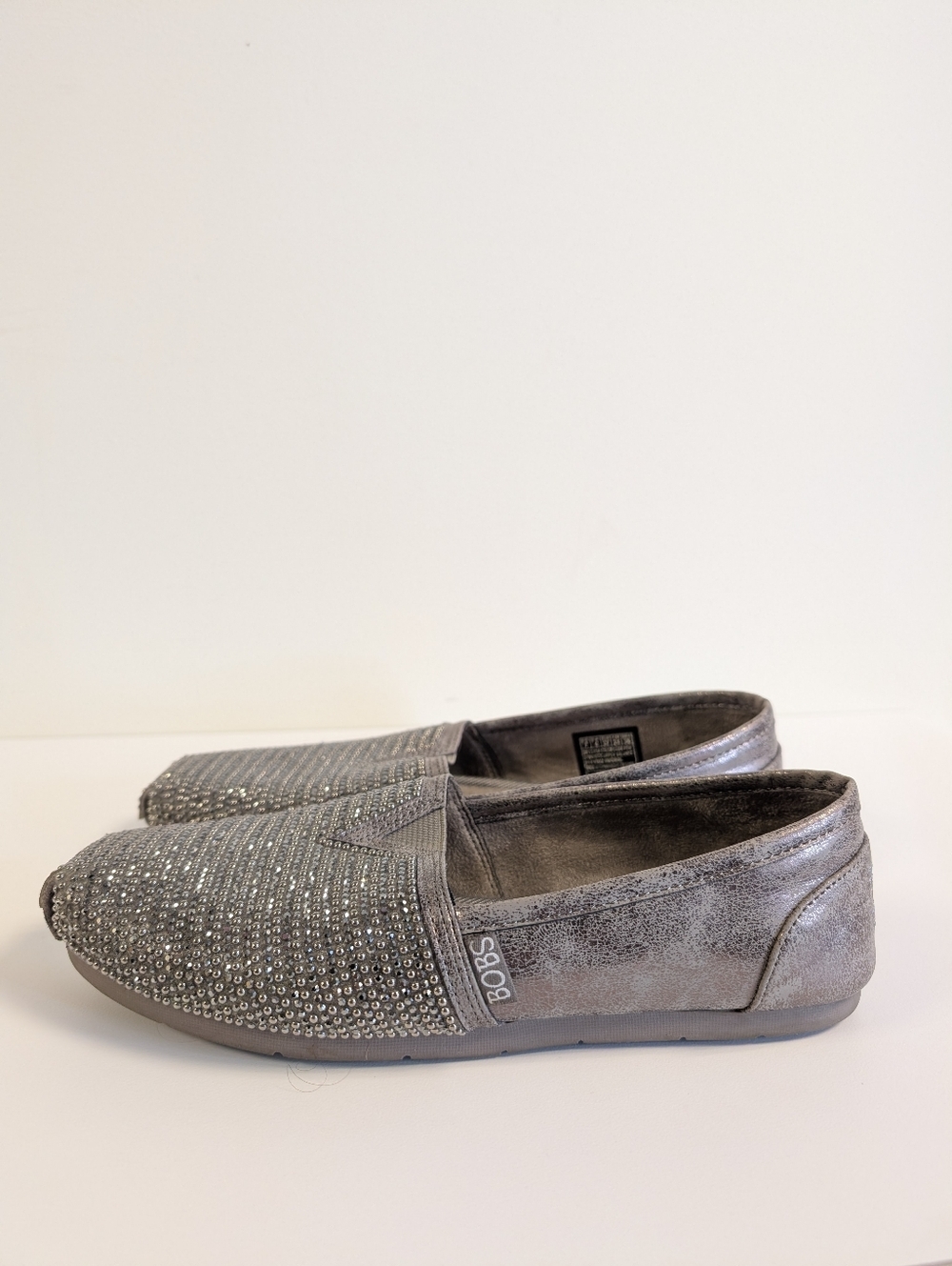 BOBS Skechers Rhinestone Slip On Flats Shoes Pewter Sparkle Memory Foam Comfy 7 - Picture 4 of 14